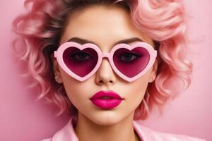 une femme avec rose cheveux et rose des lunettes de soleil photo