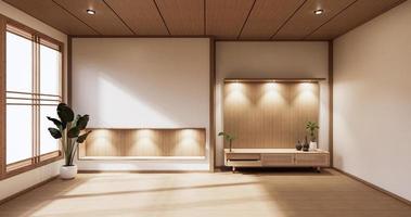 armoire en bois dans une pièce vide moderne et mur blanc sur un sol blanc de style japonais. rendu 3D photo