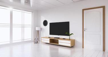 meuble tv avec salle de bain blanc et blanc. salon japonais minimaliste. rendu 3D photo