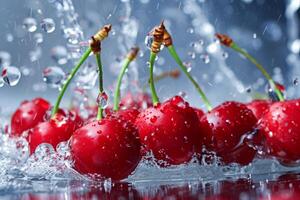 Frais cerises éclaboussé avec l'eau gouttelettes sur une réfléchissant surface photo