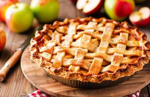 fraîchement cuit Pomme tarte avec d'or marron treillis croûte sur en bois table photo