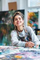 radiant femelle artiste profiter une Pause dans sa coloré studio au milieu de vibrant peintures photo