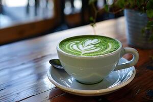 élégant matcha latté avec astucieux mousse conception servi sur en bois table photo