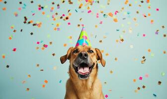 fête canin chien avec fête chapeau au milieu de confettis joie photo