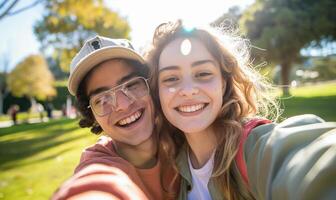 insouciant élèves capturer joyeux selfie moment dans luxuriant parc photo