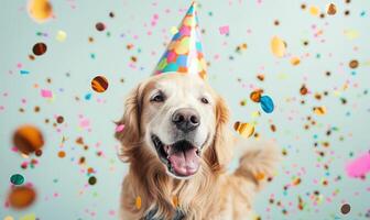 fête canin chien avec fête chapeau au milieu de confettis joie photo