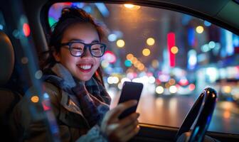 Urbain la nuit conduire - souriant femme en utilisant téléphone intelligent dans voiture photo