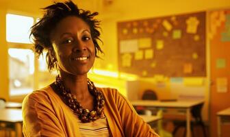 expérimenté africain américain éducateur inspirant élèves dans une salle de cours réglage photo