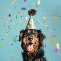 fête canin chien avec fête chapeau au milieu de confettis joie photo