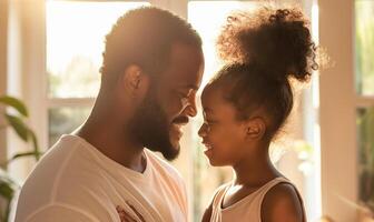 joyeux africain américain papa et fille partage une soumissionner moment dans ensoleillé pièce photo