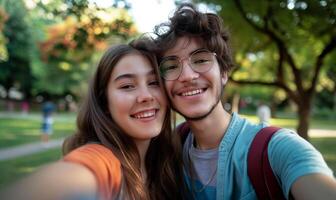 insouciant élèves capturer joyeux selfie moment dans luxuriant parc photo