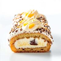 éponge gâteau rouleau isolé sur blanc Contexte Suisse rouleau avec vanille crème tranché biscuit rouleau Wi photo