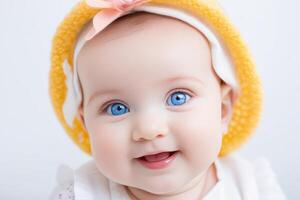 portrait de mignonne peu bébé fille avec gros bleu yeux sur blanc Contexte. content en bonne santé enfance concept. photo