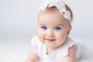 portrait de mignonne peu bébé fille avec gros bleu yeux sur blanc Contexte. content en bonne santé enfance concept. photo