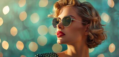 femme portant des lunettes de soleil et polka point robe photo