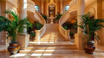 magnifique marbre escalier dans somptueux fleuri palais intérieur avec antique lustre et décor photo