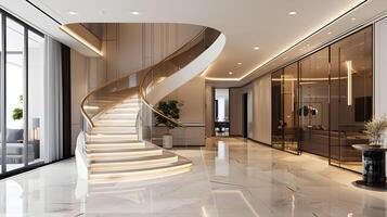 luxueux spirale escalier dans haut de gamme moderne hall intérieur avec marbre planchers et en miroir des murs photo