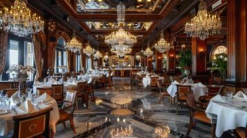 opulent et luxueux à manger pièce dans une prestigieux haut de gamme restaurant avec fleuri décor, somptueux des lustres et réfléchissant marbre planchers photo