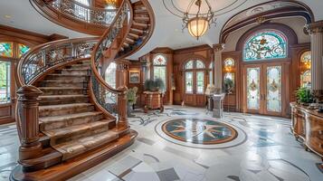 magnifique fleuri marbre et bois foyer avec spirale escalier et élégant lustre dans luxe historique Manoir photo