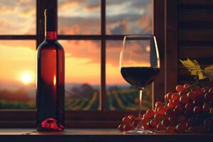 rouge du vin dégustation dans cave avec vignoble vue à le coucher du soleil photo
