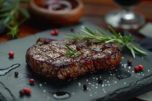 grillé ribeye du boeuf steak avec rouge du vin herbes et épices sur pierre table photo