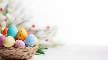 une panier de coloré des œufs avec fond sur une blanc Contexte. Pâques Oeuf concept, printemps vacances photo