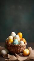 une panier de coloré des œufs avec fond sur une gris Contexte. Pâques Oeuf concept, printemps vacances photo