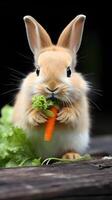 une mignonne peu lapin en mangeant carotte. Pâques Oeuf concept, printemps vacances photo