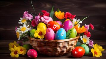une panier de coloré des œufs et fleurs avec fond sur en bois sol. Pâques Oeuf concept, printemps vacances photo