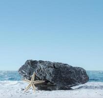 Contexte pour cosmétique des produits sur plage avec sable. Naturel Roche pierre podium et étoile de mer. vide vitrine pour emballage produit présentation. moquer en haut piédestal dans lumière du soleil mer vue photo