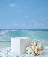 Contexte pour cosmétique des produits sur plage avec sable. géométrique béton cube pierre podium et corail. vide vitrine pour emballage produit présentation. moquer en haut piédestal dans lumière du soleil mer vue photo