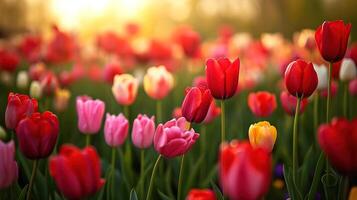 coloré tulipes grandir et Floraison dans proche proximité à un un autre photo