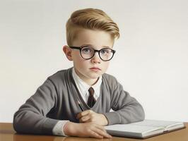 portrait de une mignonne garçon dans des lunettes à le table Faire le sien devoirs photo