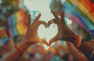 mains fabrication une cœur forme avec une arc en ciel drapeau agitant dans le Contexte pendant une fierté parade fête, l'amour et la diversité concept photo