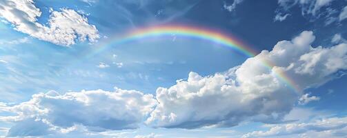 une arc en ciel cambrure à travers le ciel, symbolisant espérer et joie sur Pâques journée. bleu ciels avec blanc des nuages dans le Contexte. photo