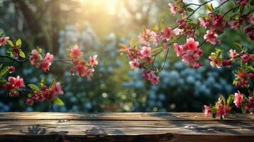 en bois table couvert avec abondant fleurs photo