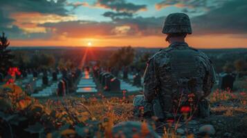 homme dans camouflage veste en marchant vers cimetière photo