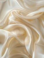 Ivoire blanc satin en tissu chute dans gracieux vagues, le luxuriant plis contagieux le lumière dans une lumineux afficher. photo