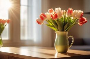 blanc et lumière rose rouge Jaune tulipes bouquet dans cruche Soleil lumière fenêtre moderne intérieur bokeh printemps photo