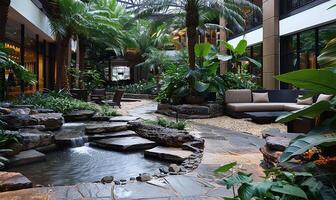 intérieur jardin sanctuaire avec texturé la maçonnerie, luxuriant végétaux, et attrayant sièges photo