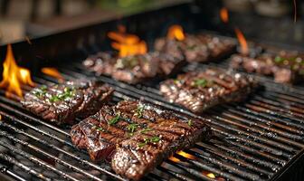 juteux steaks embrassé par ardent flammes transformer sur une brûlant gril grille photo