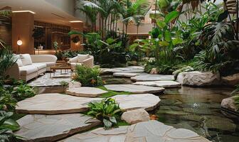 intérieur jardin sanctuaire avec texturé la maçonnerie, luxuriant végétaux, et attrayant sièges photo