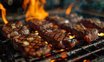 juteux steaks embrassé par ardent flammes transformer sur une brûlant gril grille photo