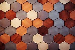 hexagonal bois modèle arrière-plan, géométrique hexagone formes en bois arrière-plan, hexagone 3d bois Charpente texture mur, photo