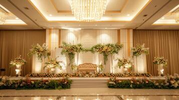 mariage étape décoration Contexte à l'intérieur le bâtiment avec élégant et magnifique fleur décorations photo