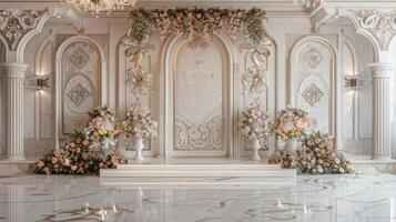 mariage étape décoration Contexte à l'intérieur le bâtiment avec élégant et magnifique fleur décorations photo