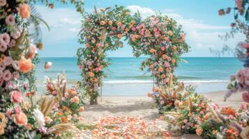 le toile de fond pour un plein air mariage sur le plage rempli avec magnifique floral décorations et ornements ai produire photo