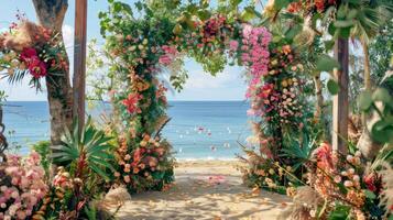 le toile de fond pour un plein air mariage sur le plage rempli avec magnifique floral décorations et ornements ai produire photo