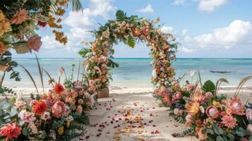 le toile de fond pour un plein air mariage sur le plage rempli avec magnifique floral décorations et ornements ai produire photo