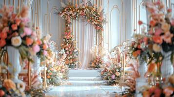 mariage étape décoration Contexte à l'intérieur le bâtiment avec élégant et magnifique fleur décorations photo